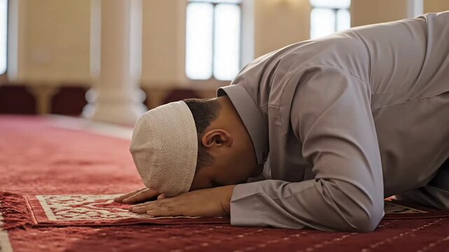 Medium close-up from behind of a man bowing low in a sujud position. Focus on the plush fabric texture of the prayer mat and soft contours of a white head covering 4K