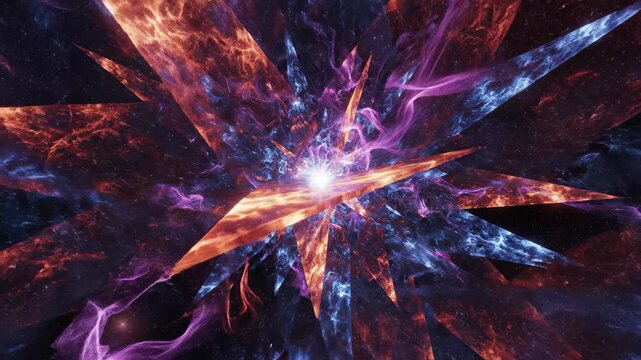 Abstract cosmic explosion with blue, orange, and purple energy spikes in deep space
