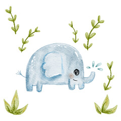 Cute elephant watercolor illustration, postcard, baby print, baby birth