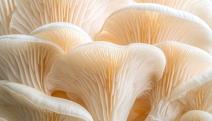 Fototapeta na wymiar Close Up of Oyster Mushrooms Cluster with White Gills and Caps in Detailed Texture and Pattern, Natural Lighting, Healthy Food, Macro Photography