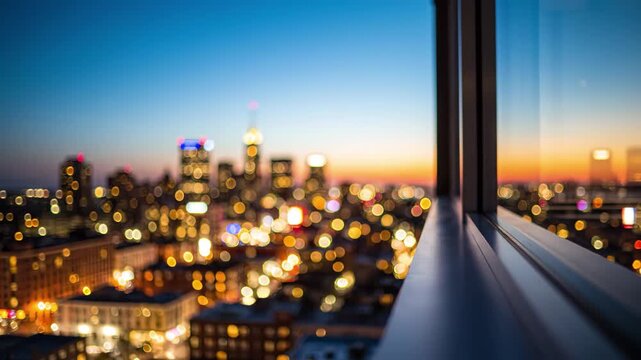 Bokeh cityscape view at dusk from high window ledge