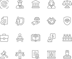 Law and Justice Line Icon Set with Legal System and Court Symbols