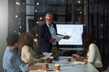 Man, presentation and team in office at night with finance report, data analysis and profit. Mature speaker, staff and document for sales growth, financial graphs and overtime for performance metrics