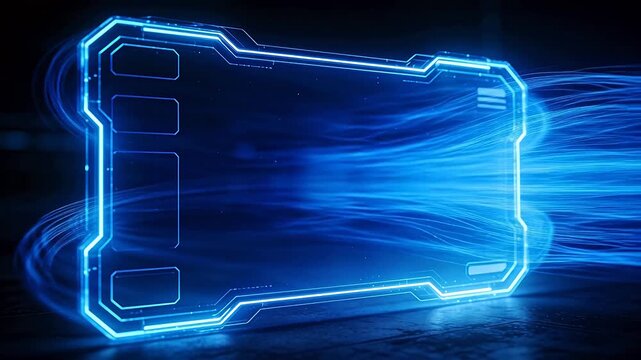 Futuristic blue holographic interface with rectangular grid and reflection