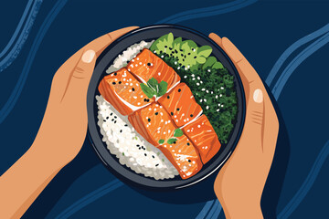 Top Down Hands Holding Teriyaki Salmon Bowl Vecto