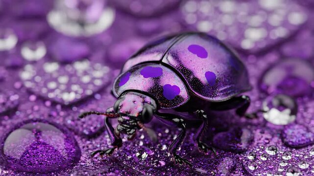 Macro shot of a metallic purple ladybug on sparkling purple glitter surface with water droplets