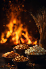 Cozy Fireplace Snack Setup with Popcorn, Nuts Warm Firelight