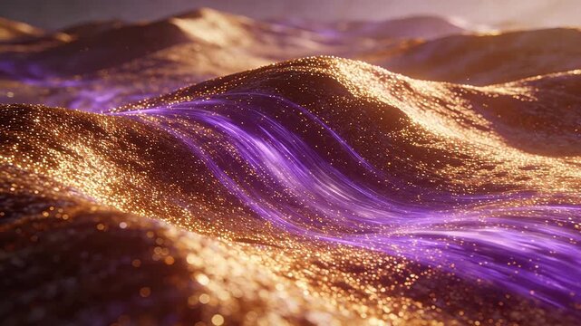 Purple light waves interwoven with golden particles in fog