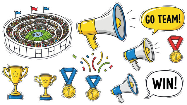 Sports Competition Elements: Stadium, Trophies, Medals, Megaphones, and Sayings