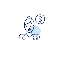 Fototapeta premium Female doctor wearing stethoscope and dollar sign. Medical cost, healthcare expenses. Pixel perfect, editable stroke vector icon