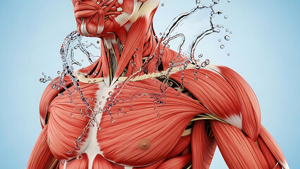 Detailed anatomical view of human muscular system with water splash