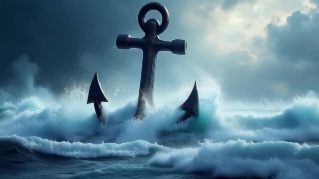 Heavy anchor cross plunging through raging stormy waves, faith steadfastness triumph, dynamic crashing foam