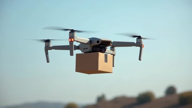 Delivery drone carrying package flying in blue sky with clouds, modern aerial transportation technology, autonomous shipping, concept of logistics, ecommerce, innovation
