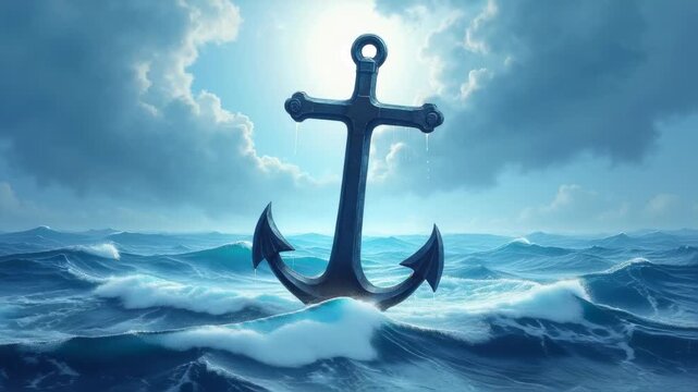 Heavy anchor cross plunging through raging stormy waves, faith steadfastness triumph, dynamic crashing foam