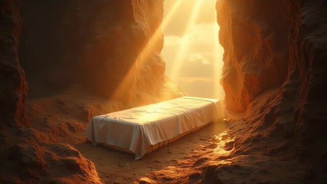 Empty tomb with stone rolled away, divine light rays bursting from entrance, white burial cloth folded inside, heavenly glow, resurrection morning