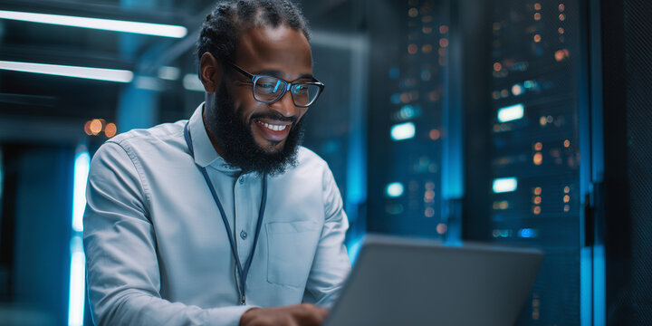 Engineer using laptop for data analysis in modern server room - Powered by Adobe