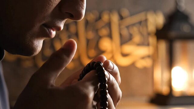 Detailed close-up of fingers counting wooden prayer beads held close to the face in silent prayer. Features a soft warm atmosphere with partial occlusion for spiritual mystery