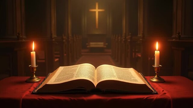Ancient Bible open on church altar, candlelight glowing, golden chalice beside, stained glass background, sacred scripture, worship setting, religious tradition