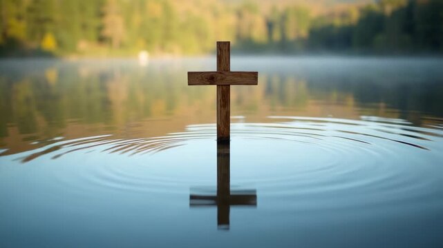 Wooden cross reflected in calm water, baptism symbol, spiritual cleansing, religious metaphor, serene lake, mirror reflection, faith and renewal, peaceful scene