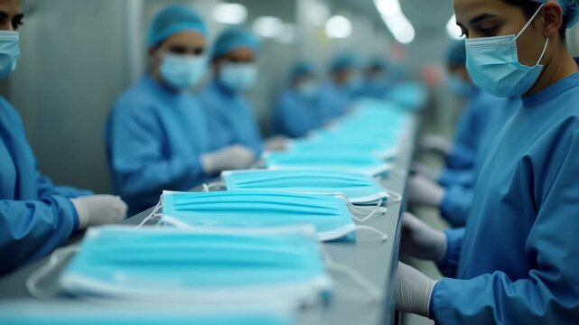 Medical face masks on production line, PPE manufacturing, health protection equipment, safety gear production, pandemic response, healthcare supplies, protective equipment