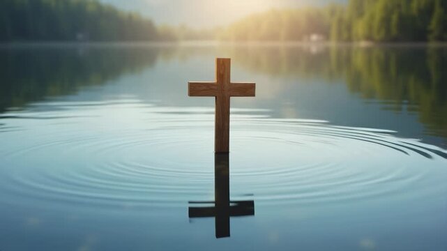 Wooden cross reflected in calm water, baptism symbol, spiritual cleansing, religious metaphor, serene lake, mirror reflection, faith and renewal, peaceful scene