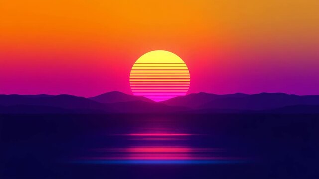 Glowing retro sun setting over stylized ocean and mountains with vibrant gradient colors, perfect for a synthwave aesthetic concept and 80s nostalgic background
