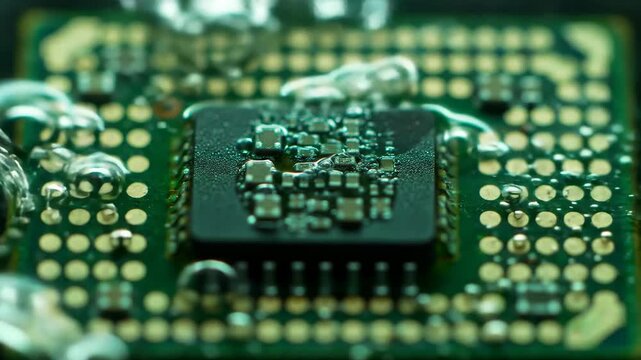 Macro shot of detailed green circuit board with microchip. Computer technology background showcasing microelectronics and engineering.