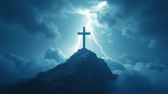 Towering mountain summit cross piercing stormy clouds, lightning dramatic glow below, faith journey climax, epic resurrection vibe, cool blues whites intense highlights