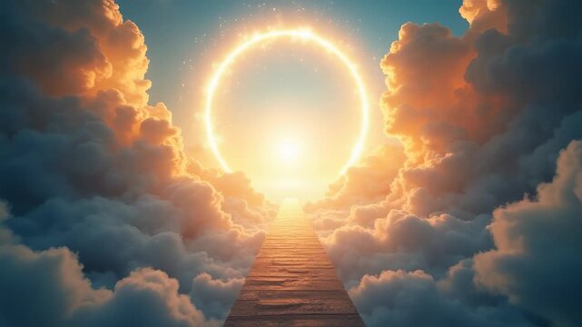Ethereal glowing halo pulsing above empty heavenly throne, radiant clouds swirling, divine faith presence explosion, surreal abstract dynamic