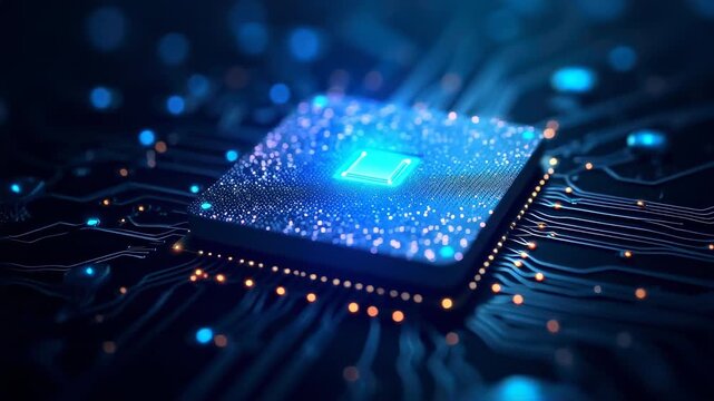Quantum computer processor with glowing qubits, superconducting circuits, advanced technology, blue cooling system, future computing power, scientific breakthrough
