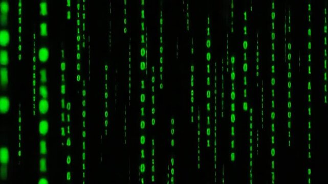 Green binary code streaming downwards on a black background, an abstract digital data flow and technology concept for AI, programming, and cybersecurity