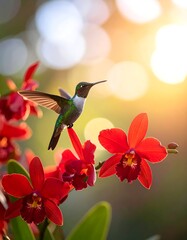 Obraz premium A tiny, vibrant hummingbird with iridescent feathers perches on bright red blossoms, bathed in golden sunlight. The background is softly blurred