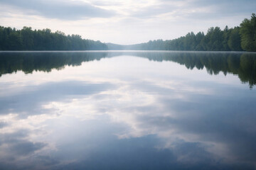 Serene morning landscape with calm lake reflecting cloudy sky and lush green trees.