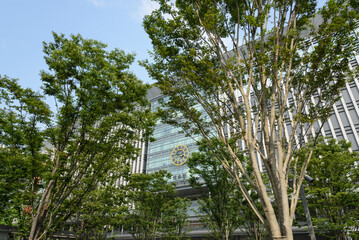 Hakata Station building facade with iconic clock and green trees in Fukuoka. 09/19/2013