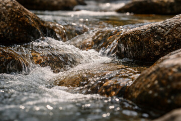 Close-up view of clear water flowing rapidly over and between smooth, wet rocks in a natural stream, creating ripples and white foam.