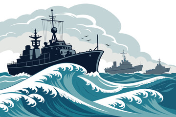 Allied Convoy Ships Rough Seas Illustra