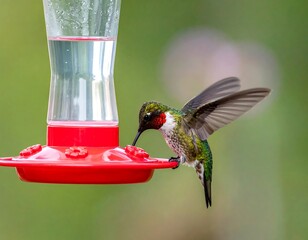 Obraz premium A tiny, vibrantly colored bird with iridescent feathers drinks nectar from a bright red feeder against a soft green backdrop