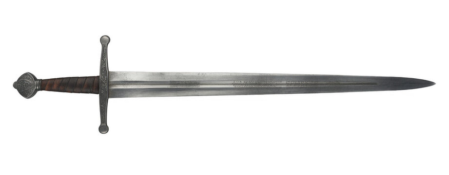 Medieval sword with silver blade and brown handle isolated on a transparent background