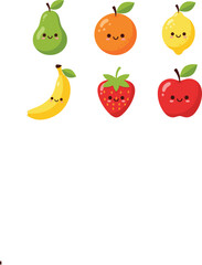 Fototapeta premium Cute Kawaii Fruit Character Vector Set Featuring Smiling Pear Orange Lemon Banana Strawberry and Apple Illustrations for Kids Stickers School Supplies and Nursery Room Decorations