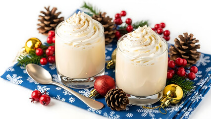 Creamy eggnog desserts with whipped cream and christmas decorations