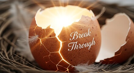 Glowing light inside broken eggshell in nest symbolizing new beginnings and breakthrough achievement