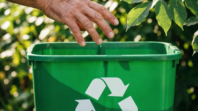 Close up of a senior man putting a crushed aluminum can into a green recycling bin outdoors with lush green foliage in the background