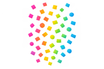 Falling rainbow gradient confetti with abstract geometric shapes on transparent background, celebrating party and festive events