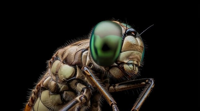 Close-Up Macro Portrait of a Dragonfly Insect With Large Green Eyes in Dramatic Studio Shot
