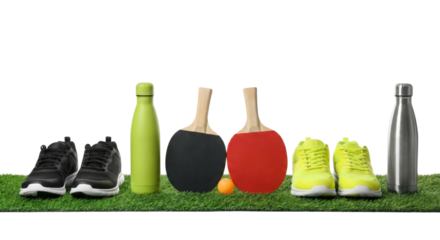 Sports Equipment and Footwear on Green Grass with White Background