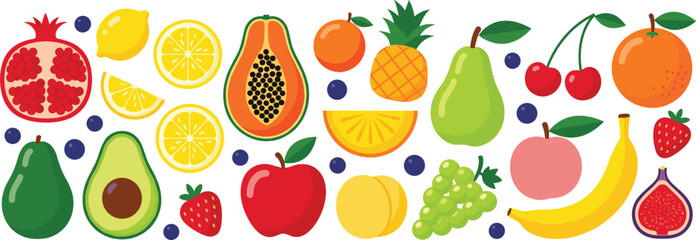 Large Flat Vector Fruit Collection Featuring Pomegranate, Papaya, Pineapple, Avocado, Apple, Grapes, Pear, Banana, and Fig for Healthy Nutrition Infographics and App Design © sojibislam