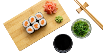 Salmon Sushi Rolls with Soy Sauce, Wasabi, Ginger, and Seaweed Salad