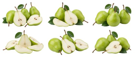 Fresh Green Pears, Whole and Halved, with Leaves, Isolated on White