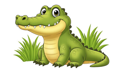 Fototapeta premium Happy cartoon crocodile sitting among green grass
