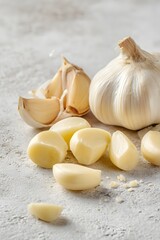 Whole and peeled garlic cloves in close-up
